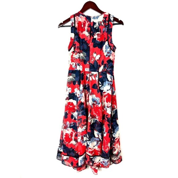 Just Taylor Women Sz 6 Red Navy Floral Dress Eyelet Stitching Sleeveless Midi E - Picture 3 of 13